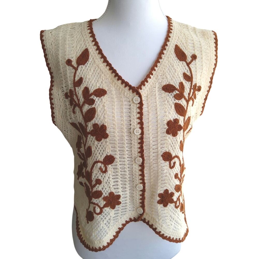 Handmade unique open knit crochet vest cream w/Brown floral detail Sz S/M